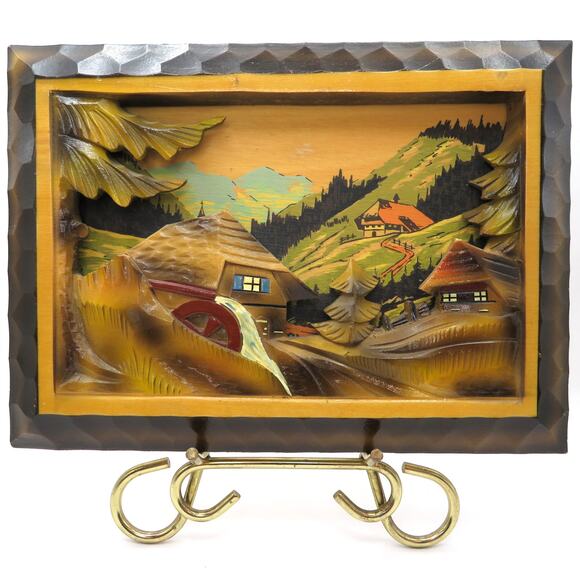 Vintage Black Forest Hand Carved 3D Wood Wall Plaque Alpine Chalet Scene Germany - Picture 1 of 12